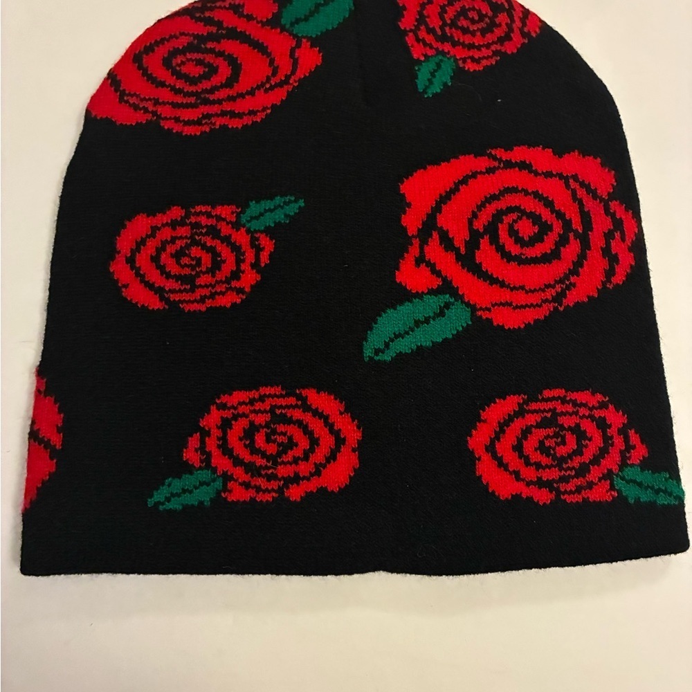 Black Beanie with Red Rose Design - Picture 4 of 4